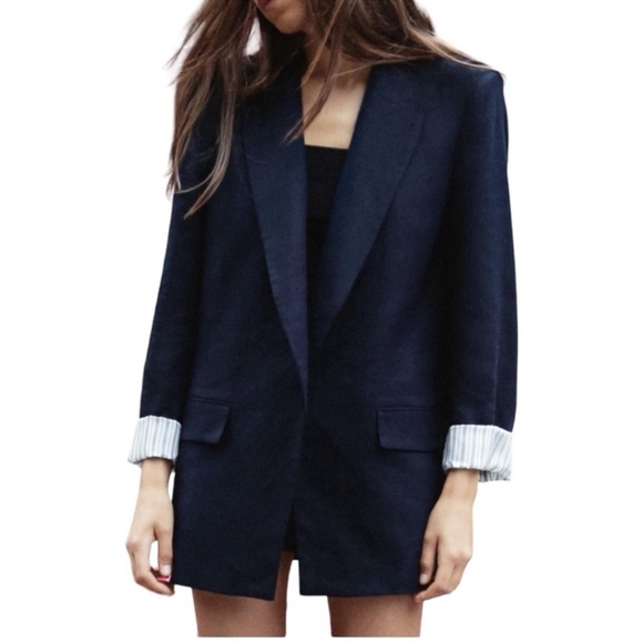 Zara Jackets & Blazers - ZARA LINEN BLEND ROLL UP SLEEVE OPEN FRONT BLAZER BLACK SIZE L